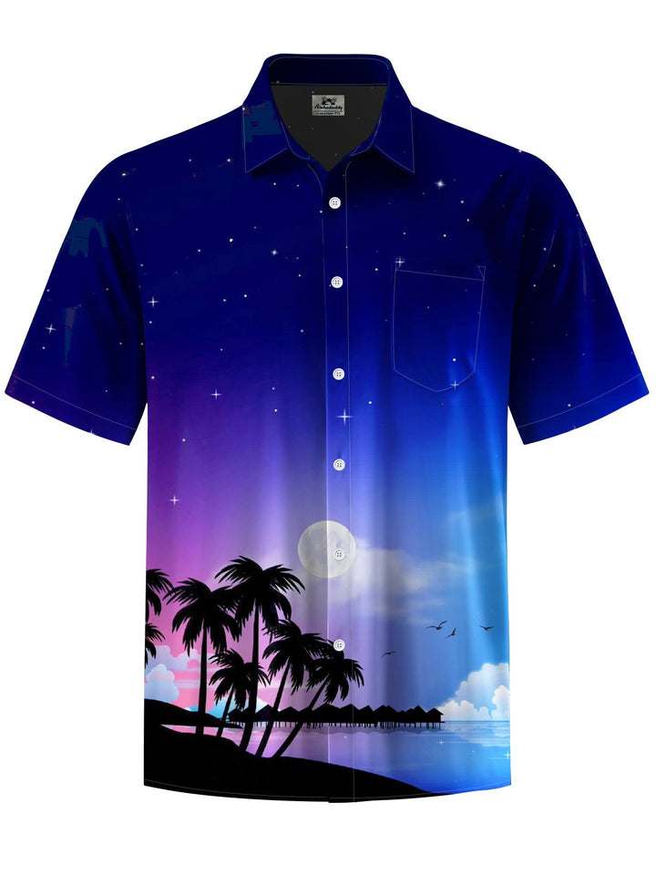 Alohadaddy® Hawaii Palm Tree Art Print Chest Pocket Moisture Wicking Mens Short Sleeve Shirt Big &amp; Tall