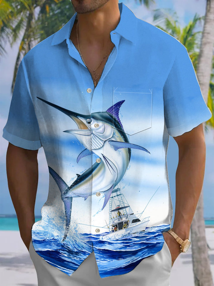 Alohadaddy® Hawaiian fish and sailboat print with chest pocket for men&