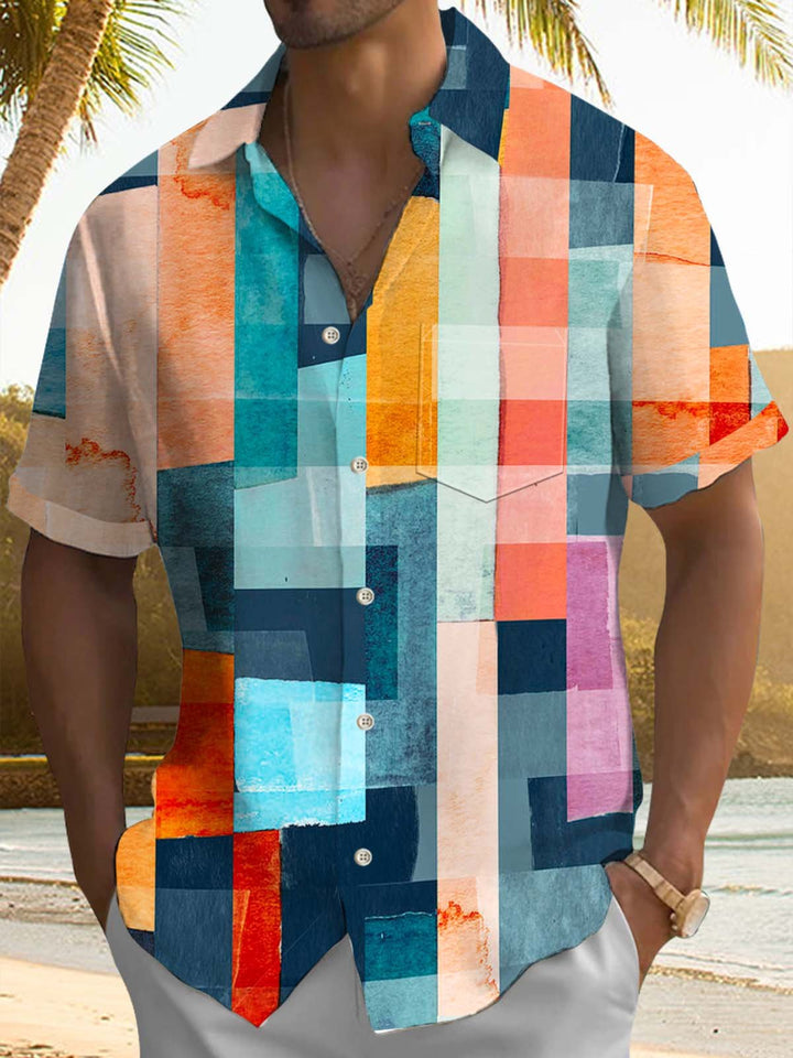 Alohadaddy® Casual Geometric Print Chest Pocket Stretch Men&