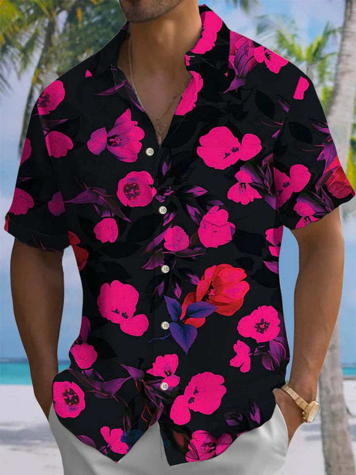 Alohadaddy® Casual Vintage Floral Art Print Chest Pocket Stretch Men&