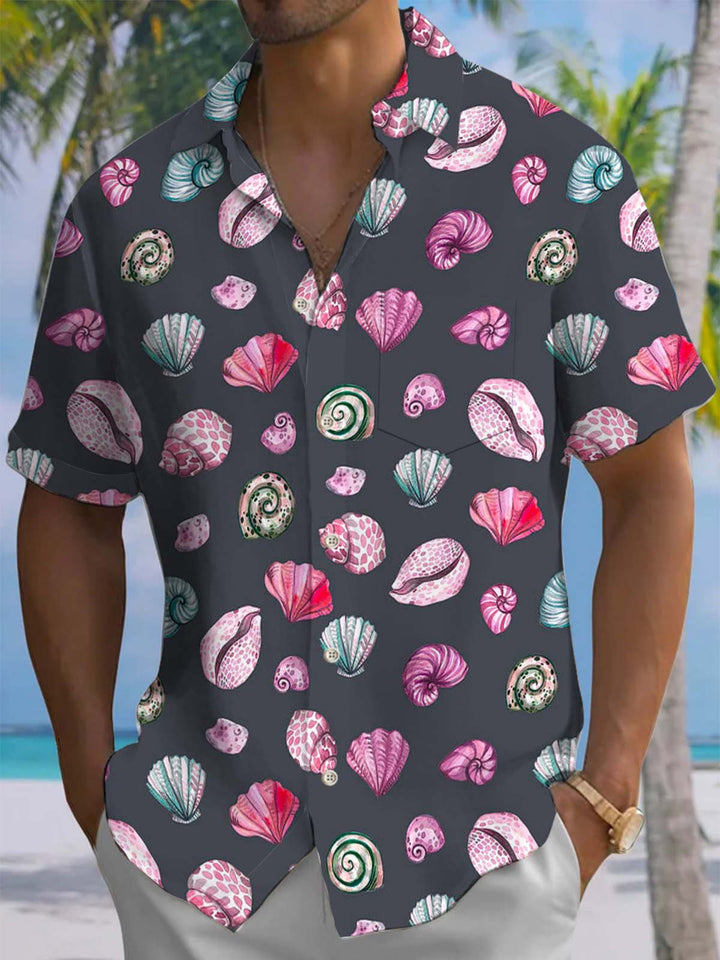 Alohadaddy® Casual Shell Art Print Chest Pocket Stretch Men&