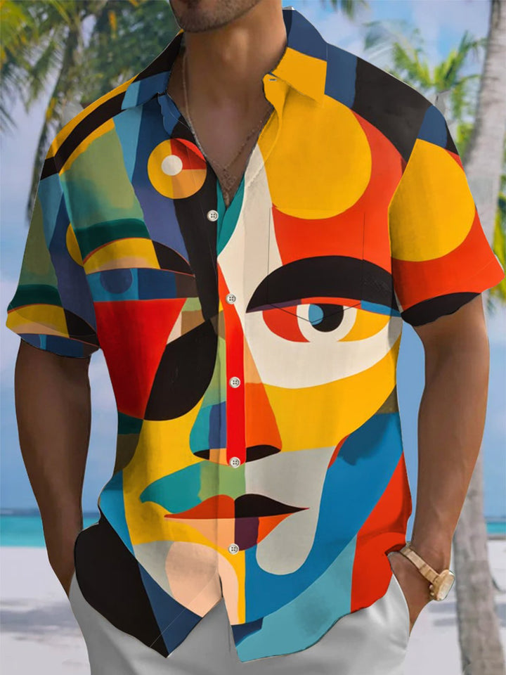 Alohadaddy® Retro Geometric Face Print Stretch Pocket Button Men&