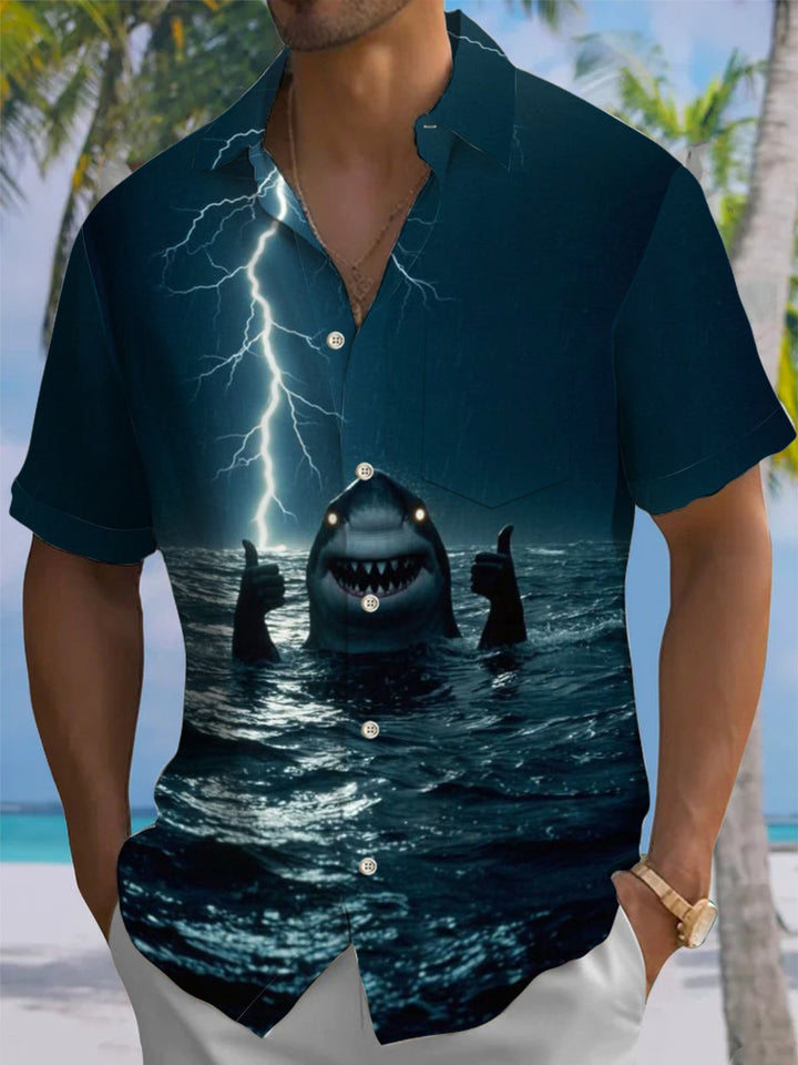 Alohadaddy® Retro Shark Print Pocket Elastic Button Men&