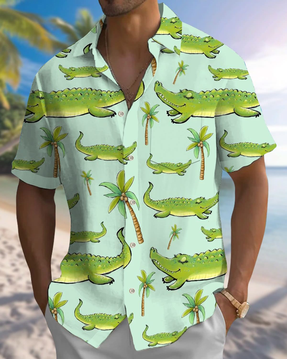 Alohadaddy® Hawaiian Cartoon Crocodile Print Pocket Elastic Button Men's Long Sleeve Shirt Big & Tall