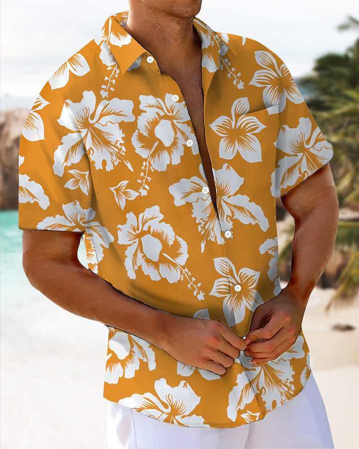 Alohadaddy® Hawaiian Flower Print Pocket Elastic Button Short Sleeve Men&