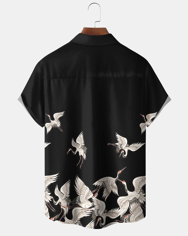 Alohadaddy® Casual Red-crowned Crane Print Art Pocket Button Stretch Men&