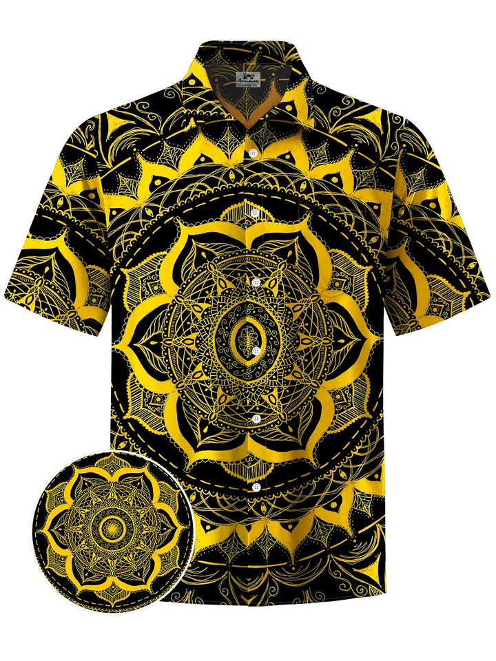 Alohadaddy® Vintage Geometric Flower Art Print Chest Pocket Mens Short Sleeve Shirt Big &amp; Tall
