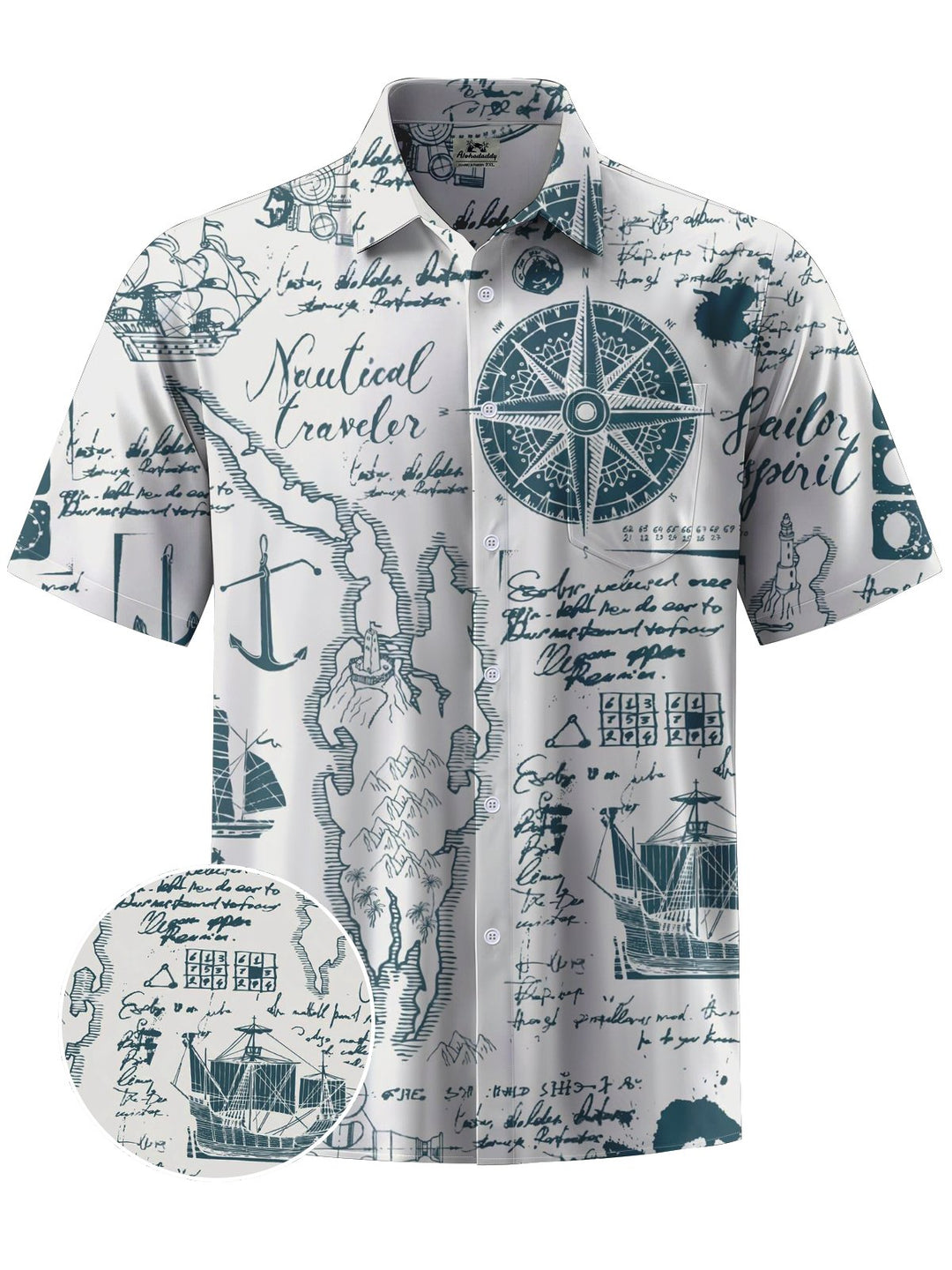 Alohadaddy® Casual Nautical Compass Printed Art Chest Pocket Men&
