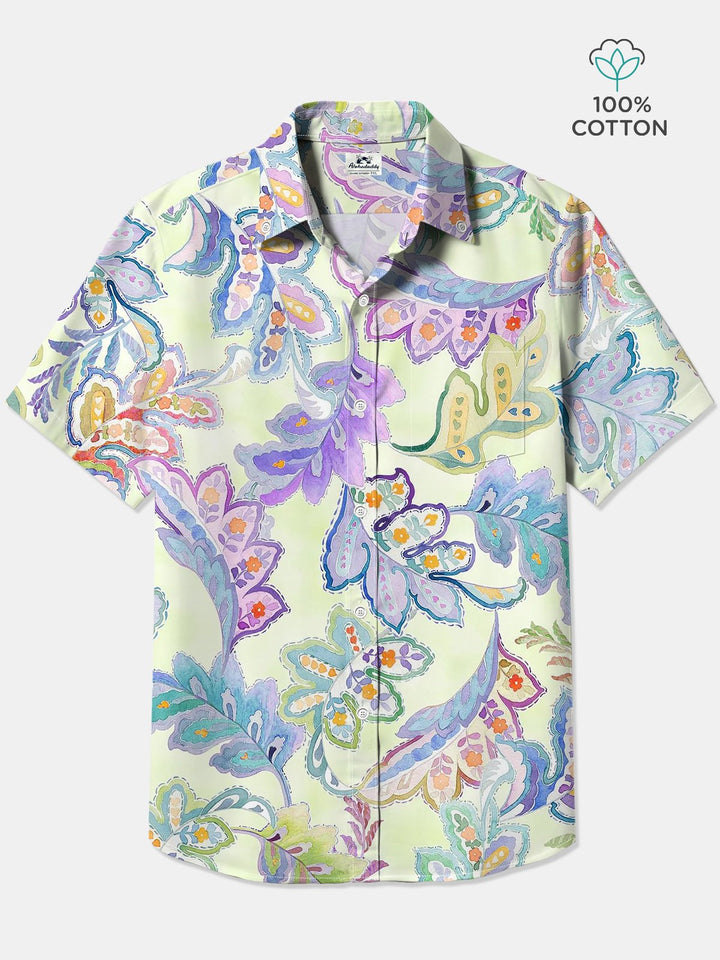 Alohadaddy® Hawaiian Leaves Art Print Chest Pocket Mens Cotton Short Sleeve Shirt Big &amp; Tall