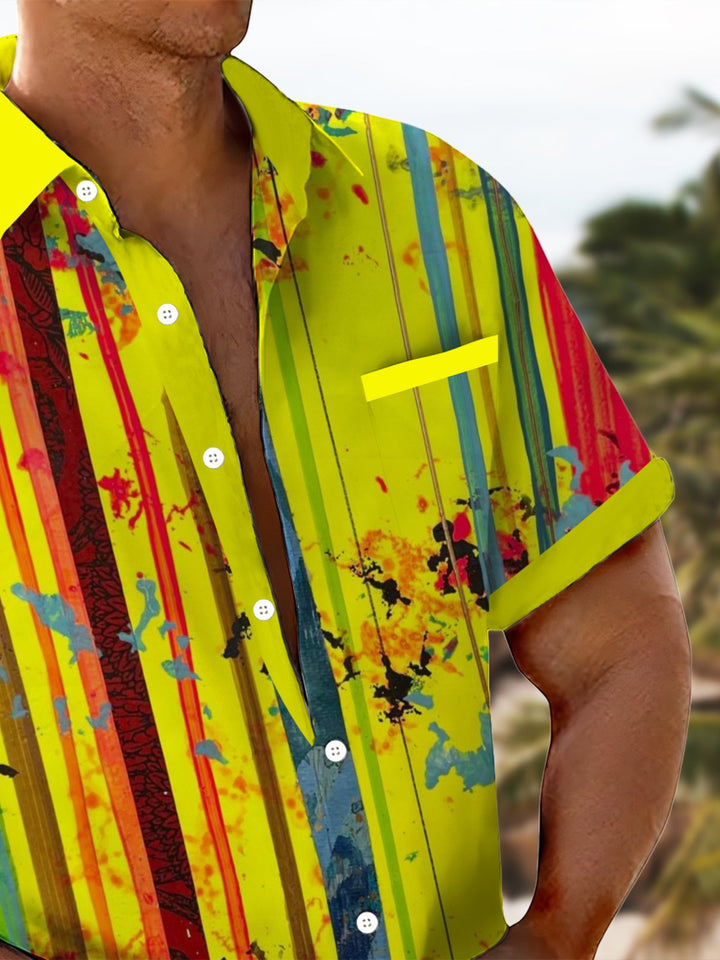 Alohadaddy® Hawaiian Stripe Abstract Art Print Chest Pocket Men&