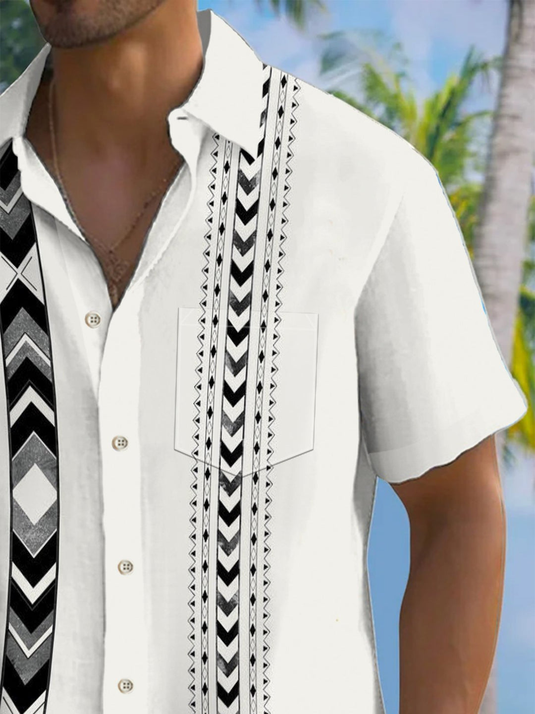 Alohadaddy® Casual Stripe Geometric Art Print Chest Pocket Stretch Men&