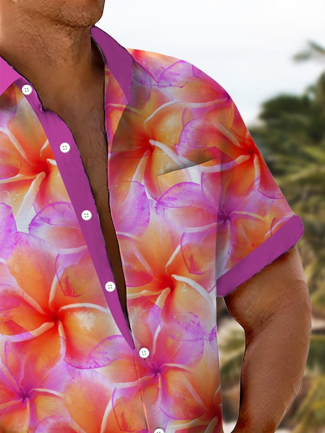 Alohadaddy® Hawaiian Plumeria Contrast Color Art Print Chest Pocket Men&
