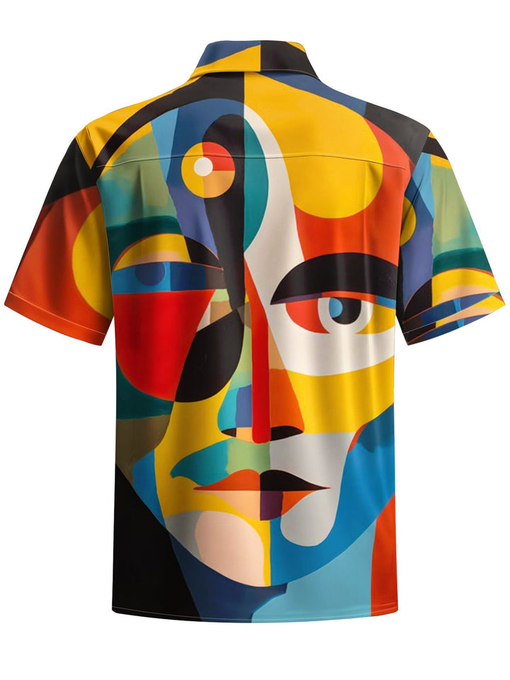 Alohadaddy® Retro Geometric Face Print Stretch Pocket Button Men&