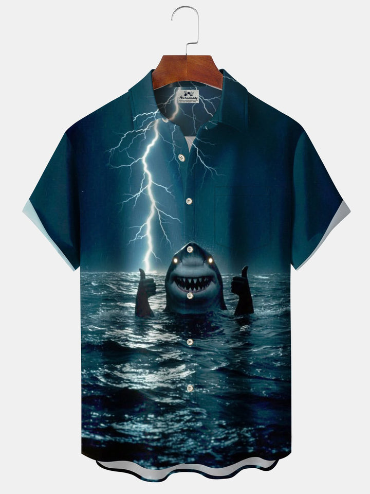 Alohadaddy® Retro Shark Print Pocket Elastic Button Men&