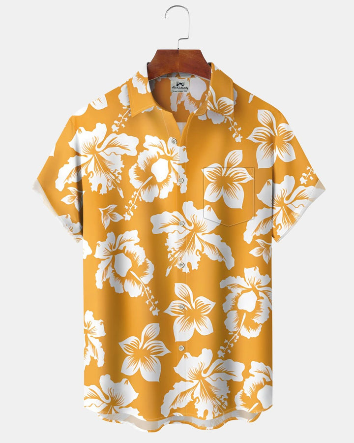 Alohadaddy® Hawaiian Flower Print Pocket Elastic Button Short Sleeve Men&