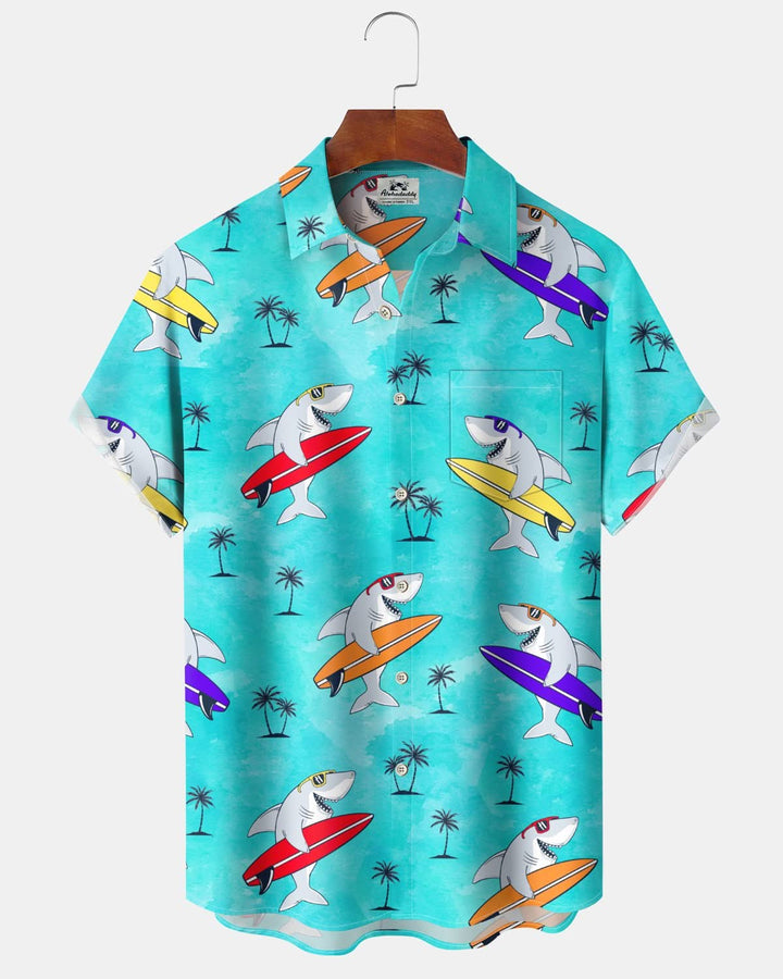 Alohadaddy® Hawaiian Shark Surfboard Print Art Pocket Button Elastic Men&