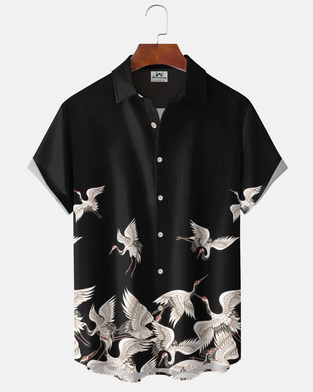 Alohadaddy® Casual Red-crowned Crane Print Art Pocket Button Stretch Men's Short-Sleeve Shirt Big & Tall