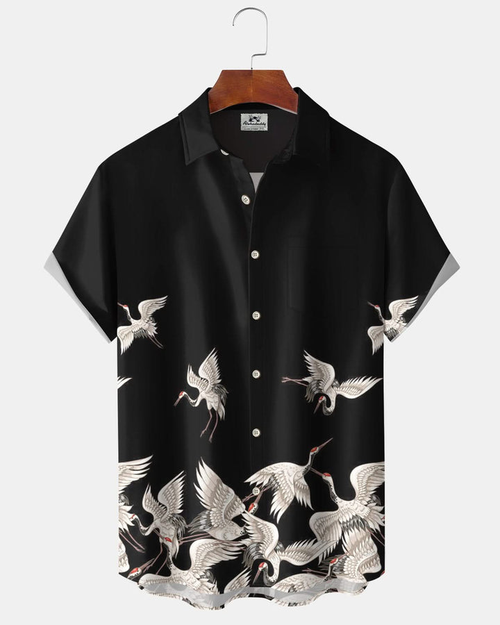 Alohadaddy® Casual Red-crowned Crane Print Art Pocket Button Stretch Men&