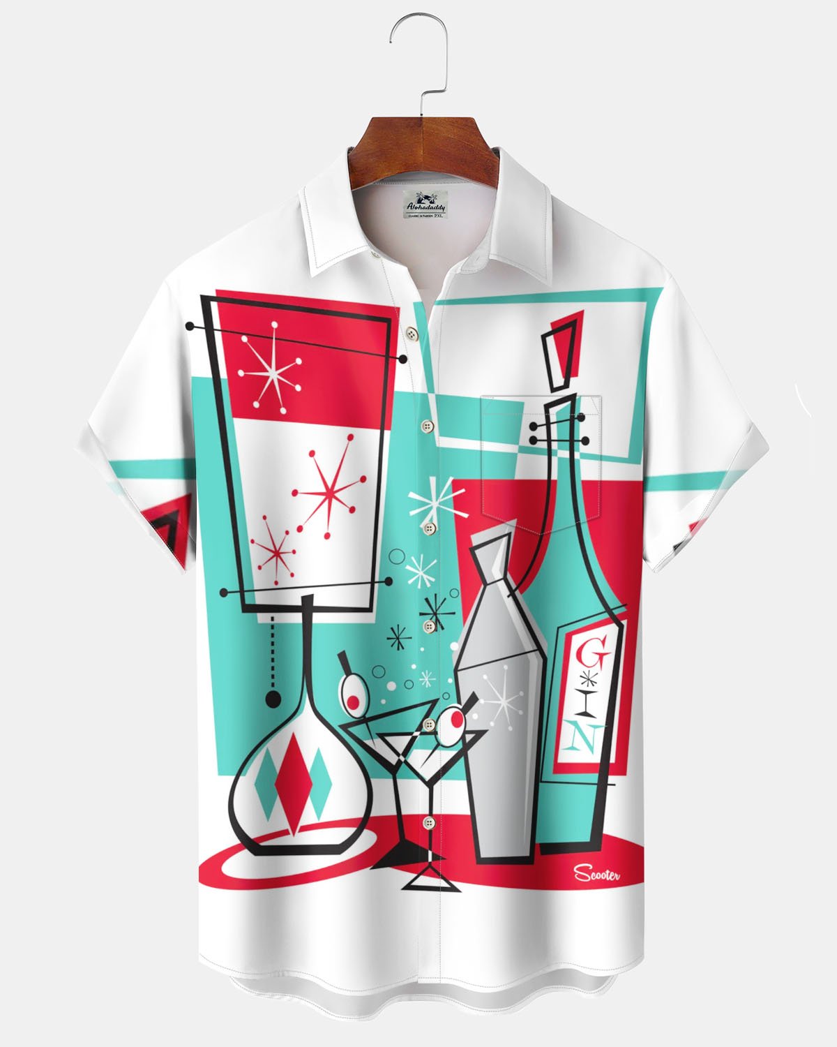 Alohadaddy® Retro Geometric Atomic Cocktail Print Art Pocket Stretch Men's Short-Sleeve Shirt Big & Tall