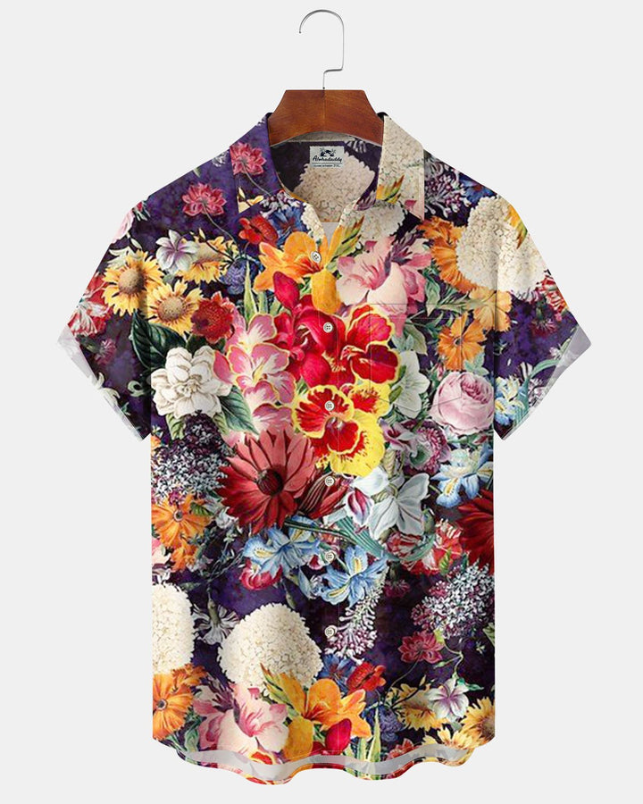 Alohadaddy® Hawaiian Floral Court Print Art Cardigan with Pockets and Buttons for Men - Short Sleeve ShirtBig &amp; Tall