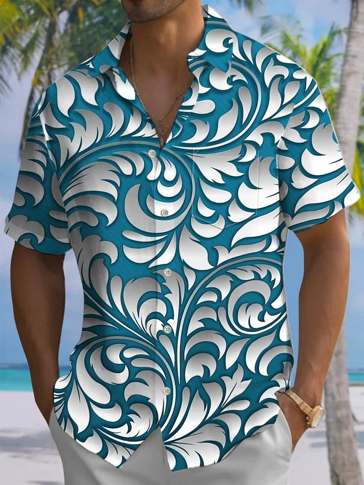Alohadaddy® Vintage 3D Flowers Art Print Chest Pocket Stretch Hawaiian Short Sleeve Shirt Big &amp; Tall