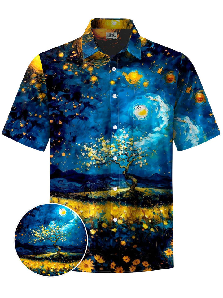 Alohadaddy® Vintage Oil Painting Night Sky Print Chest Pocket Men&