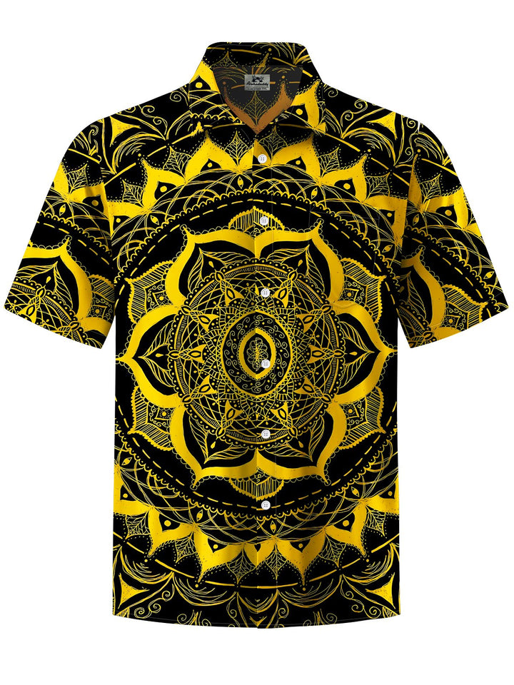 Alohadaddy® Vintage Geometric Flower Art Print Chest Pocket Mens Short Sleeve Shirt Big &amp; Tall
