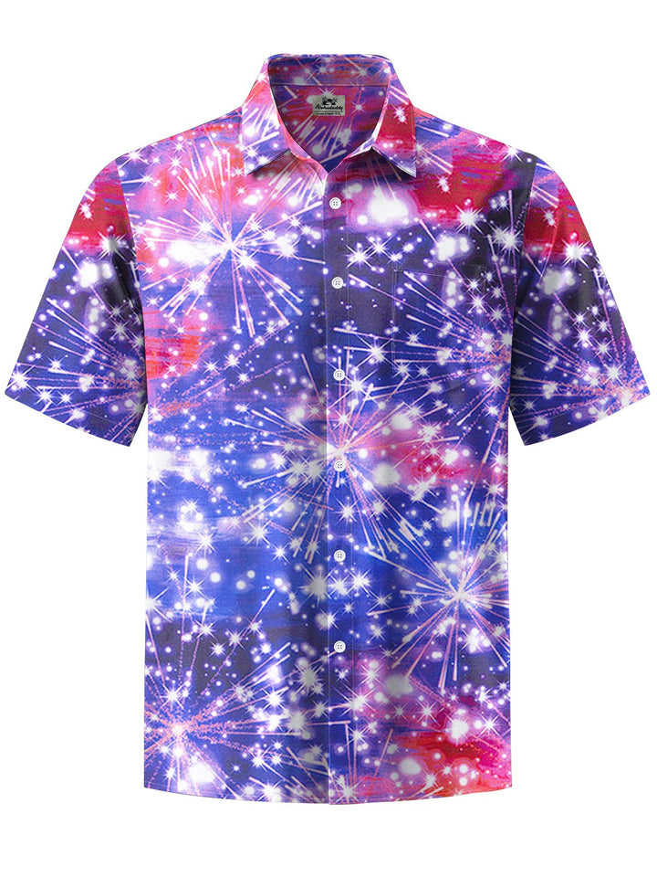 Alohadaddy® Casual Fireworks Art Print Chest Pocket Mens Short Sleeve Shirt Big &amp; Tall