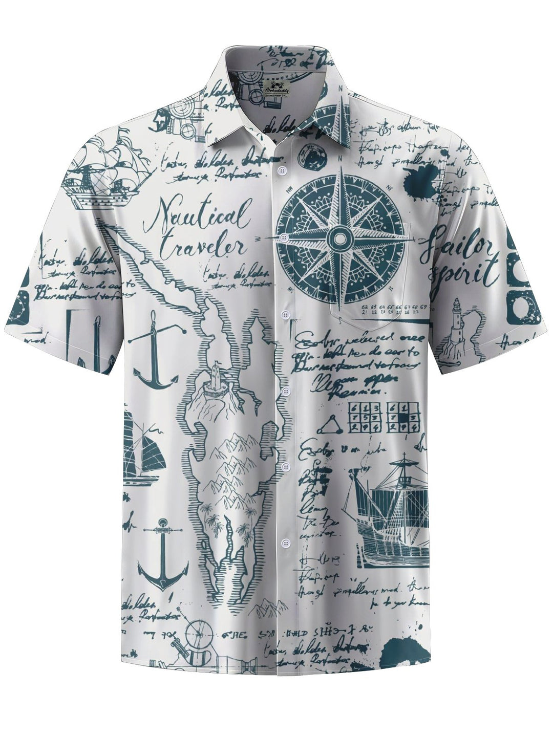 Alohadaddy® Casual Nautical Compass Printed Art Chest Pocket Men&