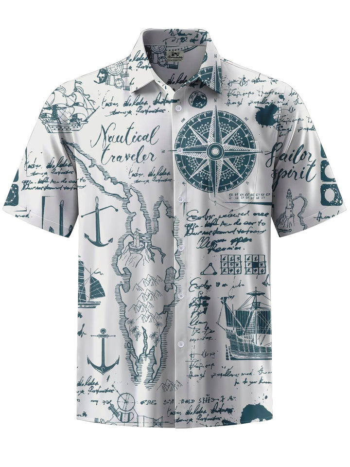 Alohadaddy® Casual Nautical Compass Printed Art Chest Pocket Men&