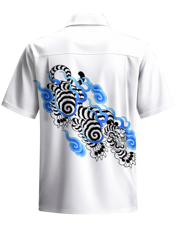 Alohadaddy® Casual Tiger Art Print Chest Pocket Stretch Men&