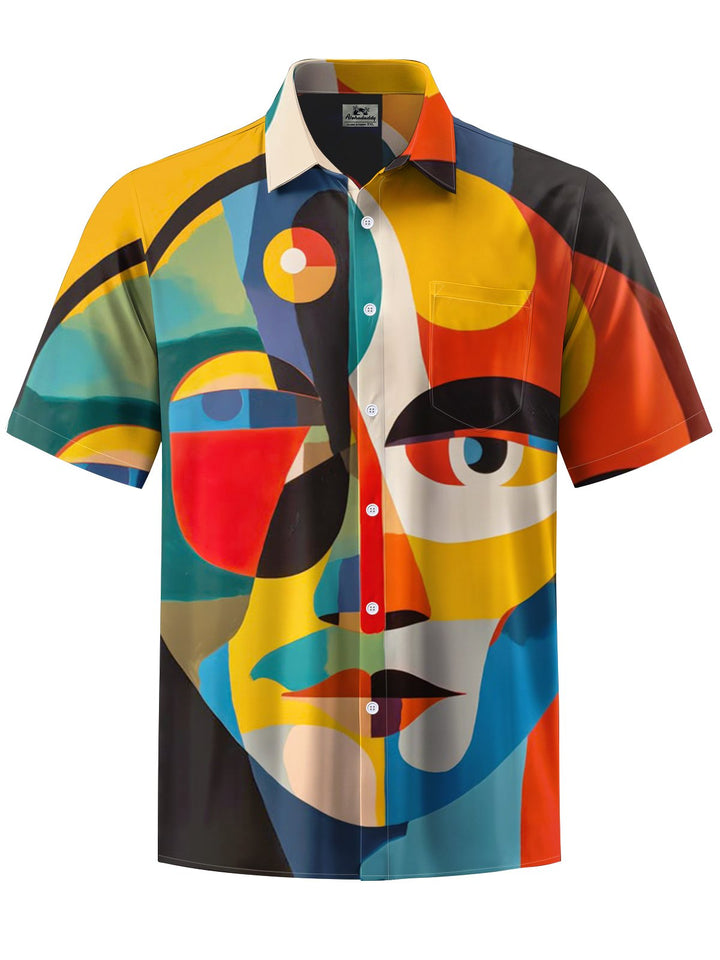 Alohadaddy® Retro Geometric Face Print Stretch Pocket Button Men&