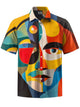 Alohadaddy® Retro Geometric Face Print Stretch Pocket Button Men's Short Sleeve Shirt Big & Tall