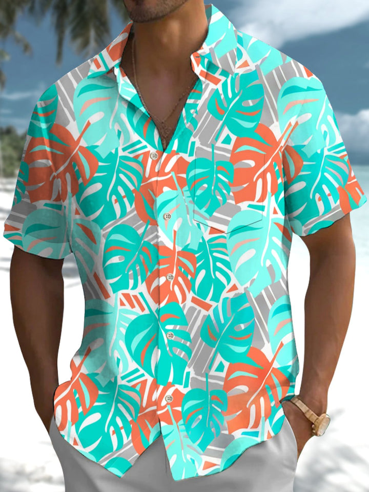 Alohadaddy® Hawaiian Palm Leaf Geometric Print Button Pocket Stretch Men&