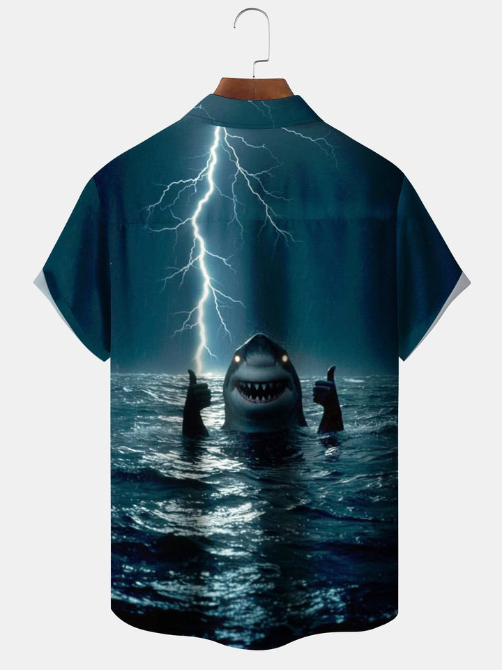 Alohadaddy® Retro Shark Print Pocket Elastic Button Men&