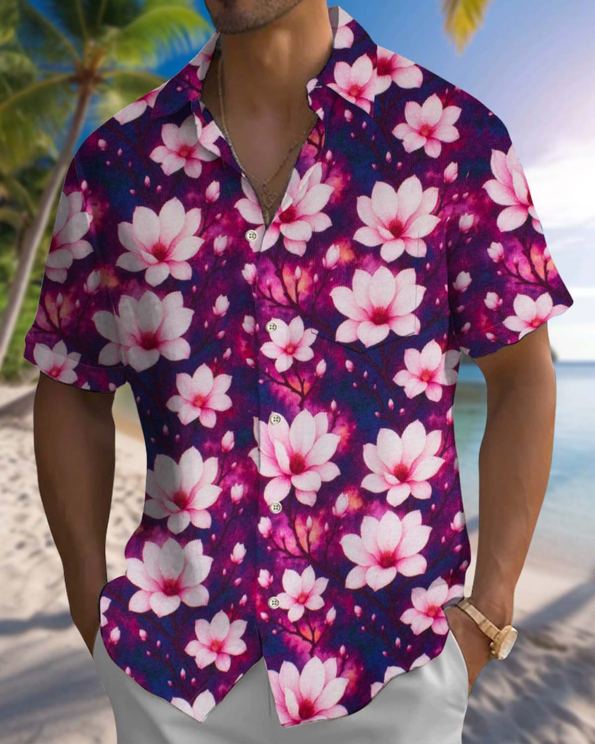 Alohadaddy® Vintage Floral Print Pocket Elastic Button Men's Short Sleeve Shirt Big & Tall