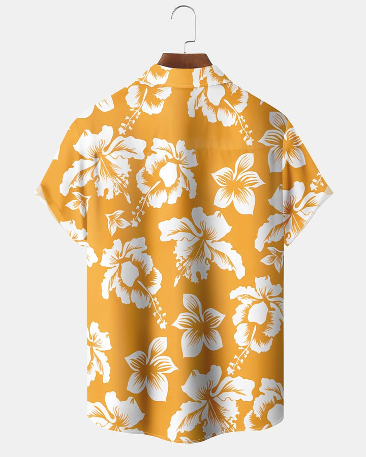 Alohadaddy® Hawaiian Flower Print Pocket Elastic Button Short Sleeve Men&