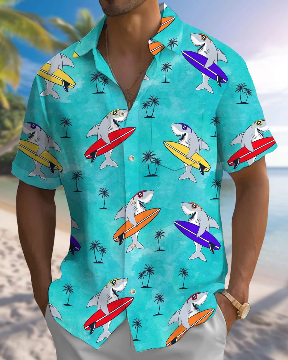 Alohadaddy® Hawaiian Shark Surfboard Print Art Pocket Button Elastic Men's Short Sleeve Shirt Big & Tall