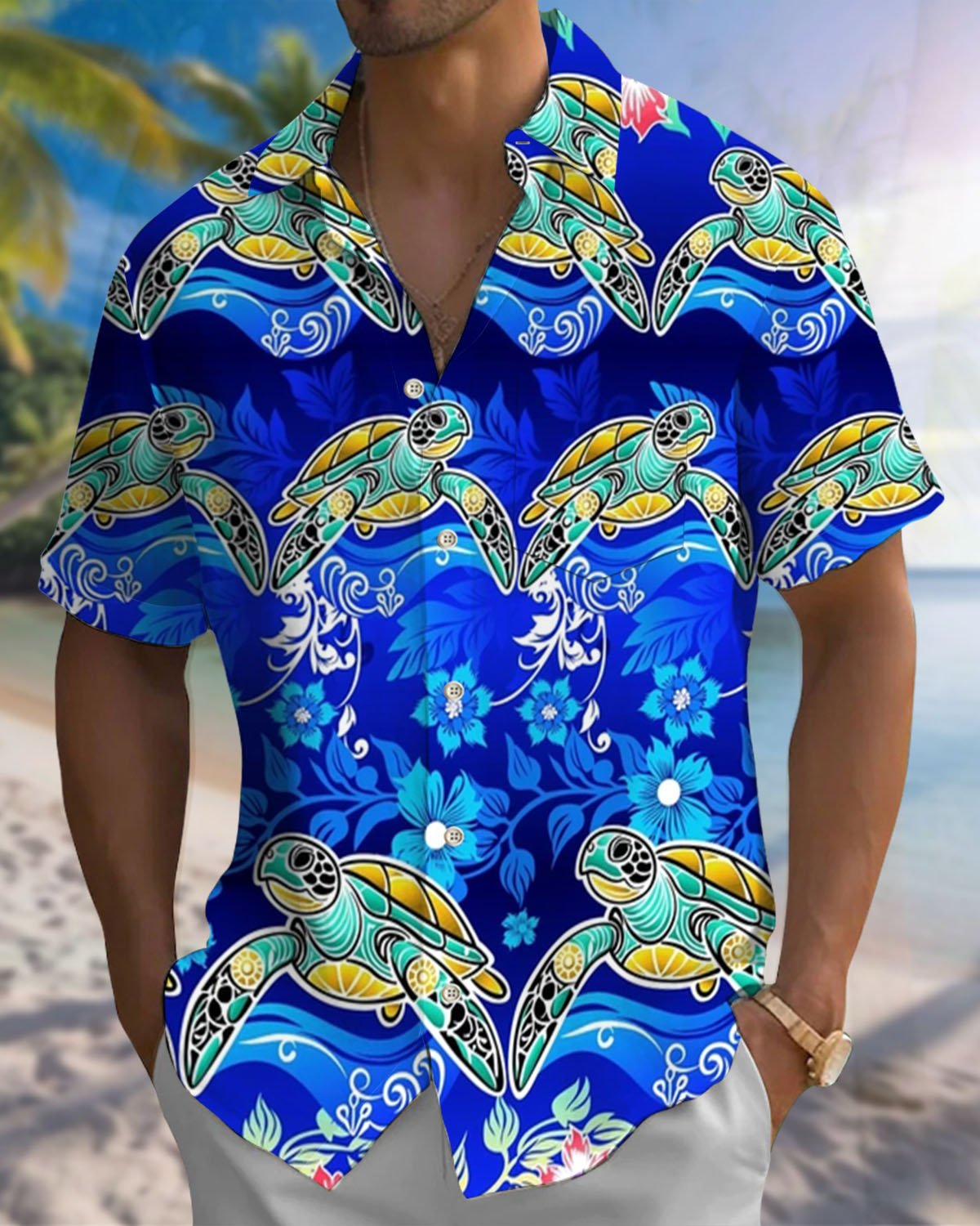 Alohadaddy® Hawaiian Turtle Print Art Pocket Elastic Buttons Men's Short-Sleeve Shirt Big & Tall