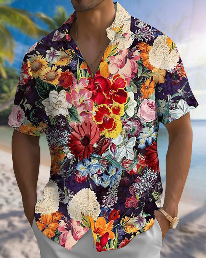 Alohadaddy® Hawaiian Floral Court Print Art Cardigan with Pockets and Buttons for Men - Short Sleeve ShirtBig &amp; Tall