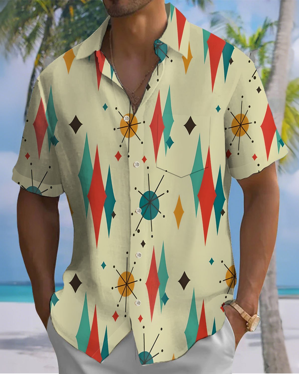 Alohadaddy® Casual Abstract Geometric Print Art Button-Down Cardigan Men's Short-Sleeve Shirt Big & Tall