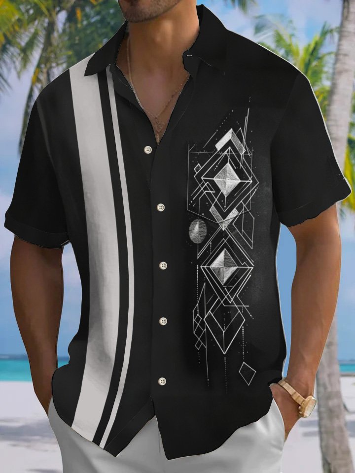 Alohadaddy Casual Collection Moisture-wicking Stripes Print Chest Pocket Stretch Oversized Hawaiian Short Sleeve Shirt