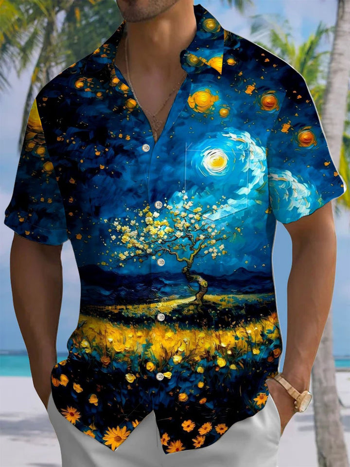 Alohadaddy® Vintage Oil Painting Night Sky Print Chest Pocket Men&