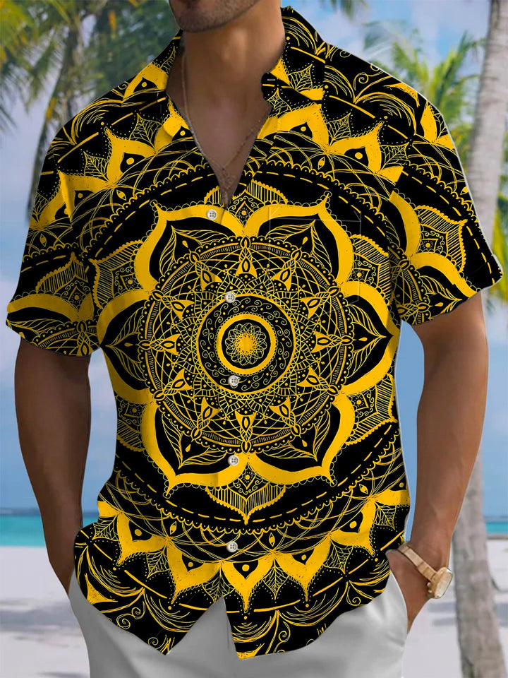 Alohadaddy® Vintage Geometric Flower Art Print Chest Pocket Mens Short Sleeve Shirt Big &amp; Tall