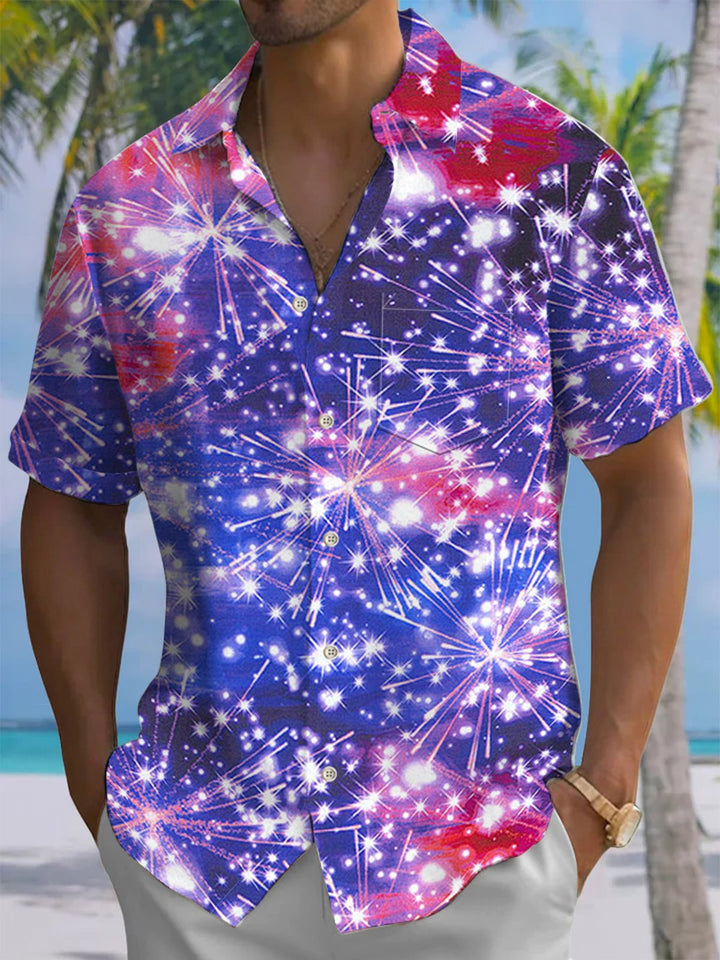 Alohadaddy® Casual Fireworks Art Print Chest Pocket Mens Short Sleeve Shirt Big &amp; Tall