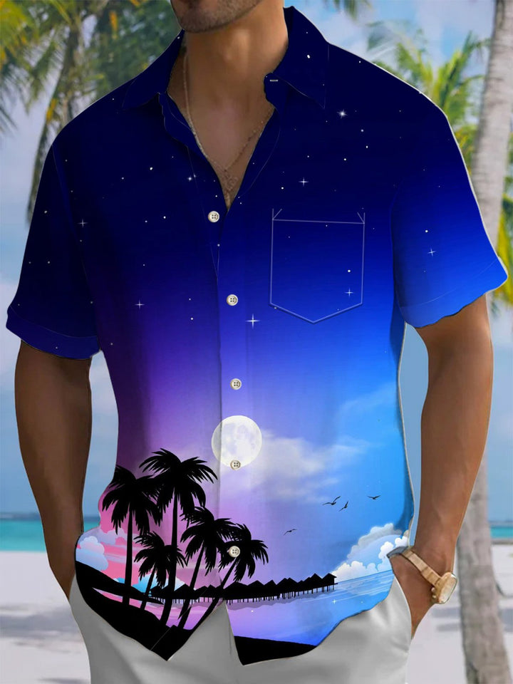 Alohadaddy® Hawaii Palm Tree Art Print Chest Pocket Moisture Wicking Mens Short Sleeve Shirt Big &amp; Tall