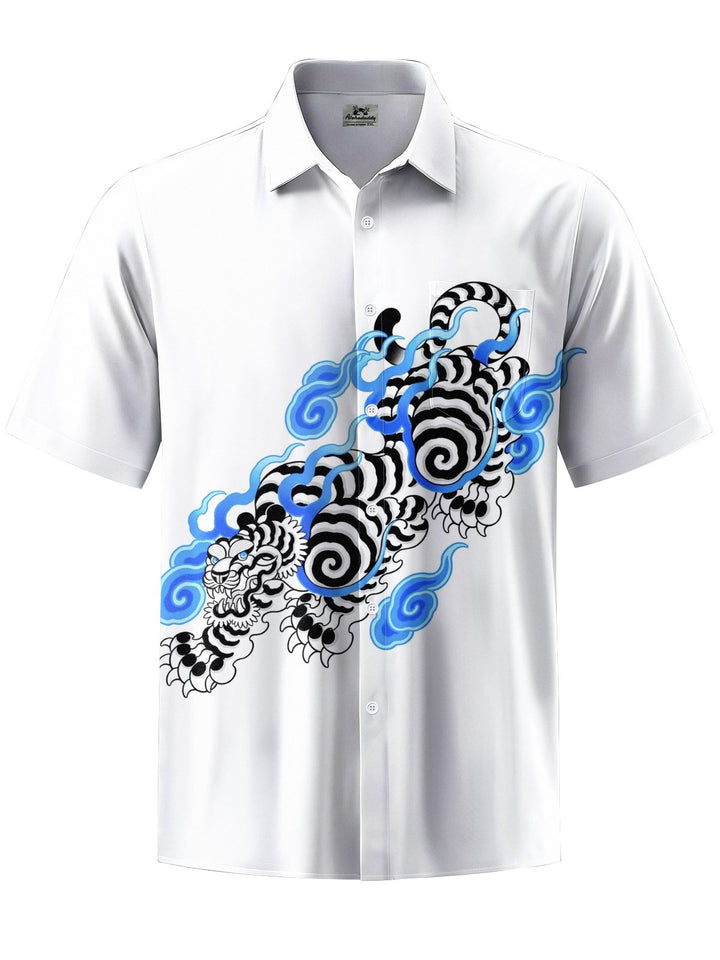 Alohadaddy® Casual Tiger Art Print Chest Pocket Stretch Men&