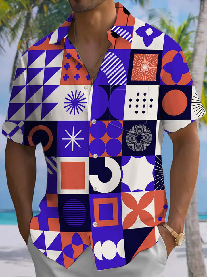 Alohadaddy® Casual Geometric Plaid Art Print Chest Pocket Men&