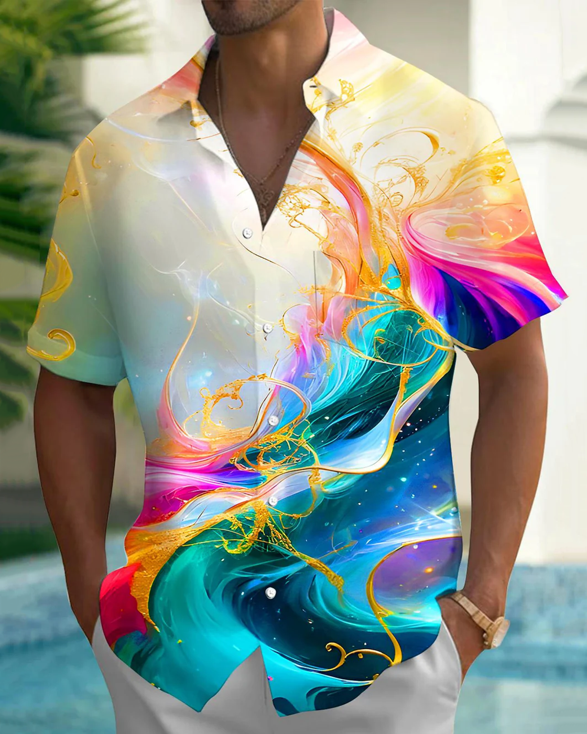 Alohadaddy® Casual Abstract Texture Print Pocket Button Men's Short Sleeve Shirt Big & Tall