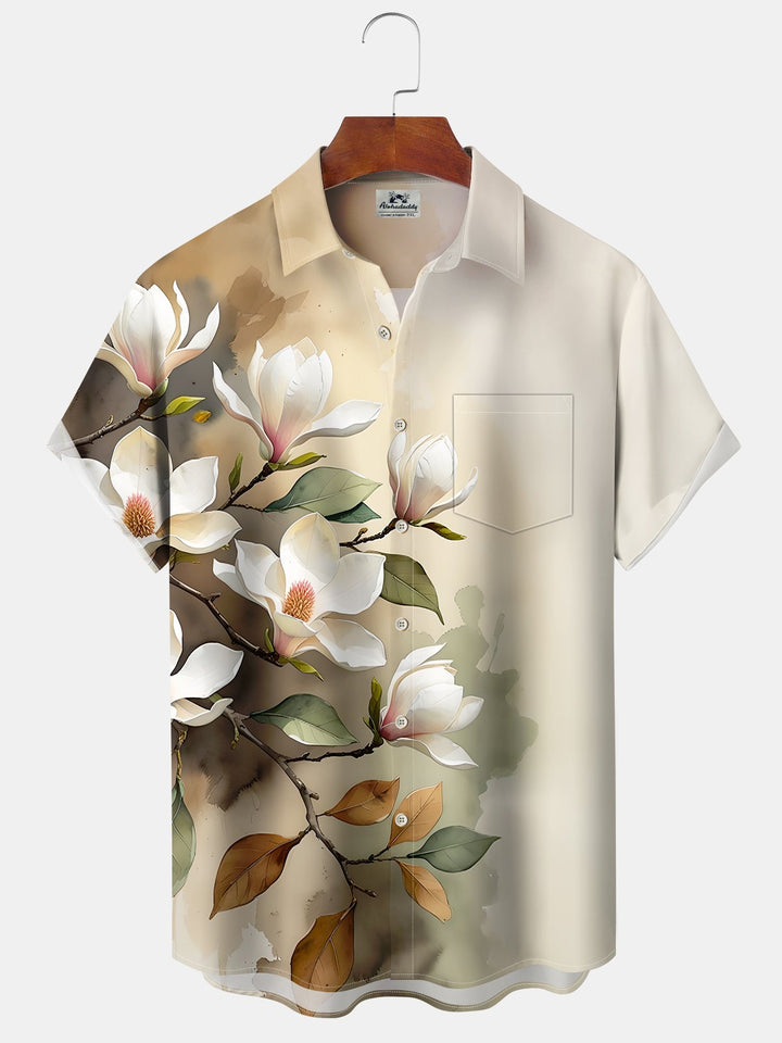 Alohadaddy Casual Collection Hawaii Flowers Everyday Cool Print Art Pocket Cardigan Buttons Polyester Stretch Short Sleeve Shirt